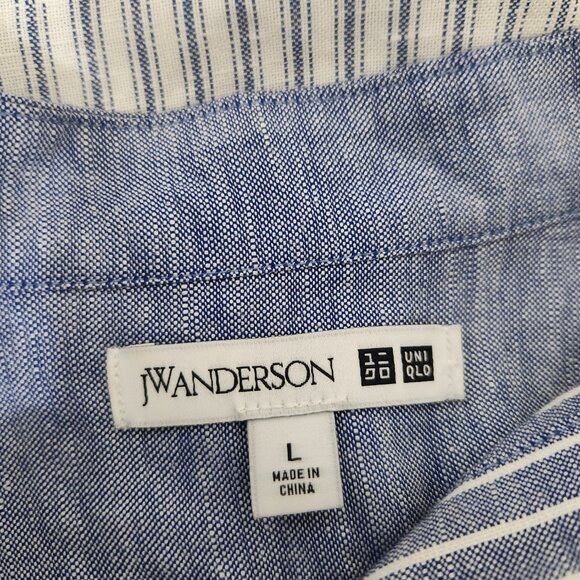 JW Anderson Uniqlo Sz L Linen Blend Boho Blue White Striped Tie Neck Top Blouse - Picture 6 of 7